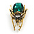Striking Green/Grey Glass Stone Beetle/ Bug Brooch in Aged Gold Tone Metal - 55mm Tall - view 5