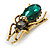 Striking Green/Grey Glass Stone Beetle/ Bug Brooch in Aged Gold Tone Metal - 55mm Tall - view 2