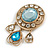 Victorian Inspired Clear/Light Blue Glass Stone Round Textured Charm Brooch in Aged Gold Tone - 65mm L - view 2
