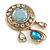 Victorian Inspired Clear/Light Blue Glass Stone Round Textured Charm Brooch in Aged Gold Tone - 65mm L - view 5