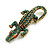 Teal/Pink Crystal Crocodile/ Alligator Brooch/Pendant in Aged Gold Tone Metal - 75mm Across - view 2