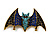 Blue/Black Crystal Bat Brooch/Pendant In Aged Gold Tone Metal - 60mm Across