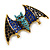 Blue/Black Crystal Bat Brooch/Pendant In Aged Gold Tone Metal - 60mm Across - view 5