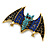 Blue/Black Crystal Bat Brooch/Pendant In Aged Gold Tone Metal - 60mm Across - view 2