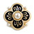Black Enamel White Faux Pearl Flower Brooch/ Pendant in Gold Tone - 40mm Across