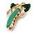 Green Enamel White Pearl Bead Clear Crystal Pea Pod Brooch in Gold Tone - 40mm Tall - view 5