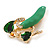 Green Enamel White Pearl Bead Clear Crystal Pea Pod Brooch in Gold Tone - 40mm Tall - view 6