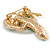 Green Enamel White Pearl Bead Clear Crystal Pea Pod Brooch in Gold Tone - 40mm Tall - view 4