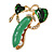 Green Enamel White Pearl Bead Clear Crystal Pea Pod Brooch in Gold Tone - 40mm Tall - view 2