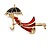 Red/Black Enamel Clear Crystal Lady with Umbrella Brooch In Gold Tone - 45mm Tall - view 6