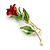 Romantic Red/Green Enamel Rose Brooch in Gold Tone - 55mm Tall - view 6