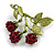 Sweet Purple Red Glass Beaded Berry With Green Enamel Leaves Brooch - 45mm Across - view 2