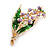 Lavender/White/Green Enamel Crystal Lilies Of The Valley Floral Brooch/Pendant in Gold Tone - 55mm Tall - view 2
