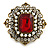 Victorian Style Layered Square Red/Clear Crystal Pearl Brooch in Aged Gold Tone - 45mm Tall