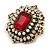 Victorian Style Layered Square Red/Clear Crystal Pearl Brooch in Aged Gold Tone - 45mm Tall - view 4