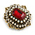 Victorian Style Layered Square Red/Clear Crystal Pearl Brooch in Aged Gold Tone - 45mm Tall - view 2