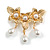 Gold Tone Textured White Faux Pearl Triple Flower Brooch - 60mm Across - view 2