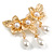 Gold Tone Textured White Faux Pearl Triple Flower Brooch - 60mm Across - view 4