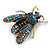 Vintage Inspired Blue/Teal Crystal Fly Brooch in Aged Gold Tone - 45mm Long - view 2