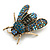 Vintage Inspired Blue/Teal Crystal Fly Brooch in Aged Gold Tone - 45mm Long - view 6
