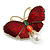 Red Enamel with Pearl Bead Butterfly Brooch in Gold Tone - 50mm Across - view 2