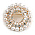 White Faux Pearl Clear Crystal Wreath Brooch In Gold Tone - 40mm Diameter - view 2