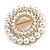 White Faux Pearl Clear Crystal Wreath Brooch In Gold Tone - 40mm Diameter - view 5