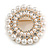 White Faux Pearl Clear Crystal Wreath Brooch In Gold Tone - 40mm Diameter