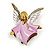 Vintage Inspired Crystal Pink/White Enamel Angel Brooch in Aged Gold Tone - 40mm Tall - view 2