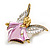 Vintage Inspired Crystal Pink/White Enamel Angel Brooch in Aged Gold Tone - 40mm Tall - view 6