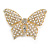 Large Faux Pearl Bead Clear Crystal Butterfly Brooch in Gold Tone - 70mm Across