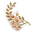 White/Brown Faux Pearl Clear Crystal Floral Brooch in Gold Tone - 60mm Tall - view 6