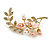 White/Brown Faux Pearl Clear Crystal Floral Brooch in Gold Tone - 60mm Tall - view 5