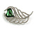 Exotic Clear/ Green Crystal Peacock Feather Brooch in Silver Tone - 50mm Long - view 2