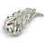 Exotic Clear/ Green Crystal Peacock Feather Brooch in Silver Tone - 50mm Long - view 4