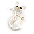 White Enamel Cat Brooch in Gold Tone - 50mm Tall