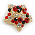 Red/Green/Clear Crystal Christmas Star and Crescent Brooch In Gold Tone - 35mm Across - view 4