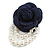 Large Dark Blue Layered Felt Fabric Rose Flower with White Faux Pearl Beaded Dangle Brooch/65mm Diameter/10.5cm Total Drop - view 7