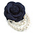 Large Dark Blue Layered Felt Fabric Rose Flower with White Faux Pearl Beaded Dangle Brooch/65mm Diameter/10.5cm Total Drop - view 2