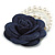 Large Dark Blue Layered Felt Fabric Rose Flower with White Faux Pearl Beaded Dangle Brooch/65mm Diameter/10.5cm Total Drop - view 6
