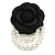 Large Black Layered Felt Fabric Rose Flower with White Faux Pearl Beaded Dangle Brooch/65mm Diameter/10.5cm Total Drop - view 1
