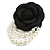 Large Black Layered Felt Fabric Rose Flower with White Faux Pearl Beaded Dangle Brooch/65mm Diameter/10.5cm Total Drop - view 5