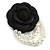 Large Black Layered Felt Fabric Rose Flower with White Faux Pearl Beaded Dangle Brooch/65mm Diameter/10.5cm Total Drop - view 2