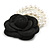 Large Black Layered Felt Fabric Rose Flower with White Faux Pearl Beaded Dangle Brooch/65mm Diameter/10.5cm Total Drop - view 6