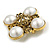 Vintage Inspired Faux Pearl Filigree Cross Brooch/Pendant in Aged Gold Tone - 40mm Tall - view 6