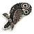 Vintage Inspired Black/ Grey/ Ab Crystal Owl Brooch In Aged Silver Tone - 65mm Long - view 5