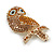 Amber/Citrine/AB Crystal Owl Brooch In Gold Tone - 70mm Long - view 6