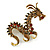 90mm Long/ Topaz/ Citrine/ Amber/ Black Crystal Chinese Dragon Large Brooch in Aged Gold Tone