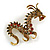90mm Long/ Topaz/ Citrine/ Amber/ Black Crystal Chinese Dragon Large Brooch in Aged Gold Tone - view 2