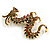 90mm Long/ Topaz/ Citrine/ Amber/ Black Crystal Chinese Dragon Large Brooch in Aged Gold Tone - view 8